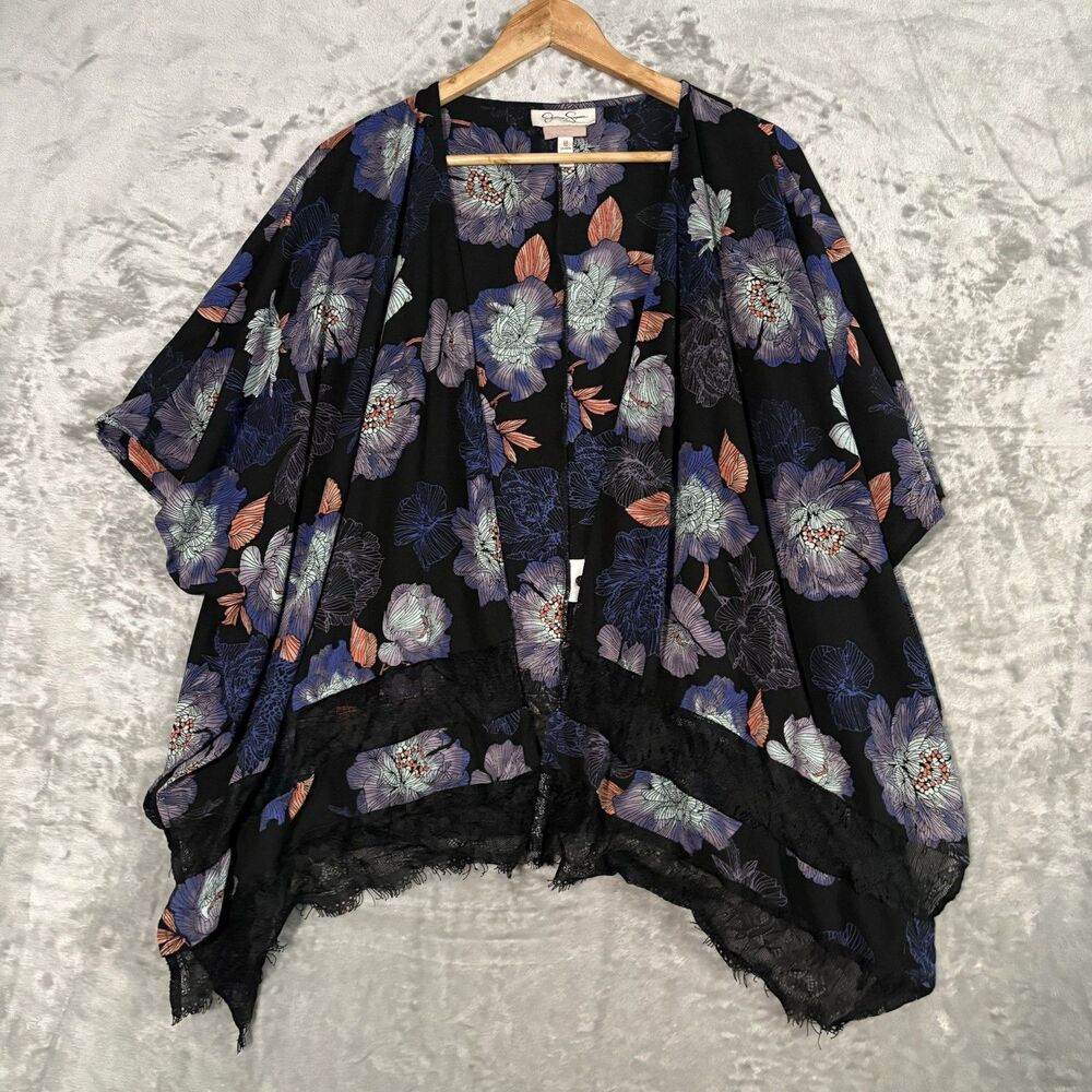 Jessica Simpson Nursing Kimono OS Floral Lace Trim Boho Maternity Duster Blue